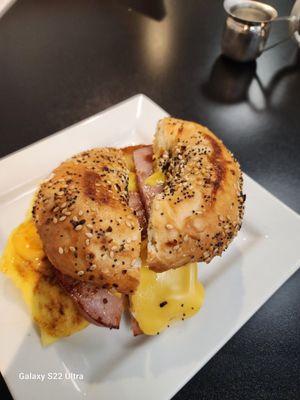 Egg, ham, everything bagel. Delicious. Fresh.