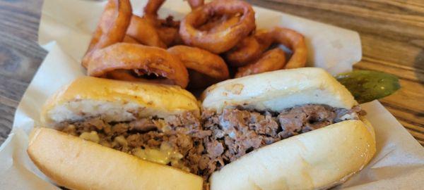 Cheese steak and onion rings