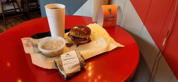 Ramsey (brisket + sausage) sandwich, sweet tea, banana pudding, fudge bacon brownie.