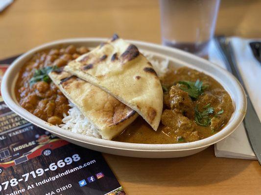 Lunch chicken combo $14 with veggies, rice, and naan