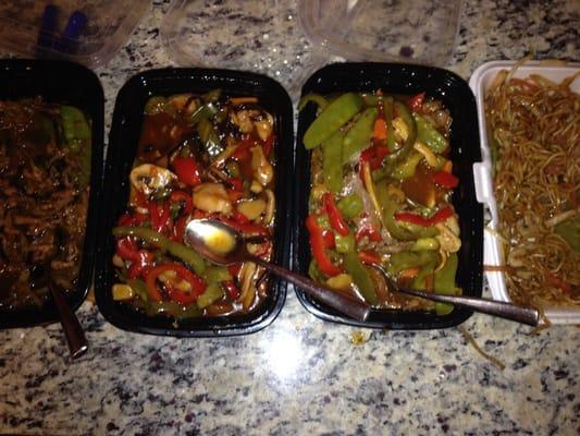 Left to right: Moo Shi Pork, Yu Hsiang Chicken, Szechuan Beef and Chicken Lo Mein.