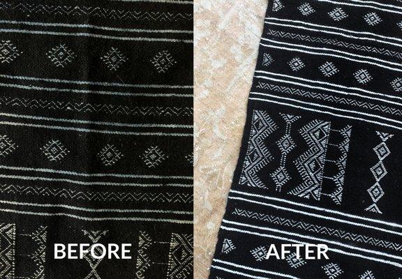 Before & After one of our customers rug. Had dye transfer & we cleaned it up.