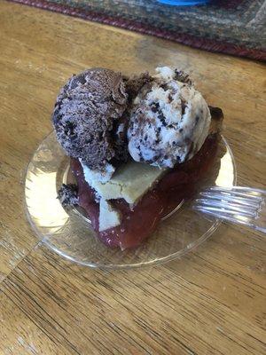 Strawberry rhubarb pie topped with Puppy Chow and chocolate ice cream.