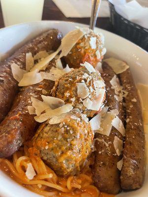 Angel hair with vodka cream sauce and meatballs and Italian sausage!