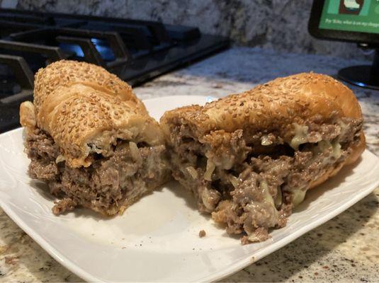 Cheesesteak with Onions and Extra Cheese on a Braided Roll. Excellent.