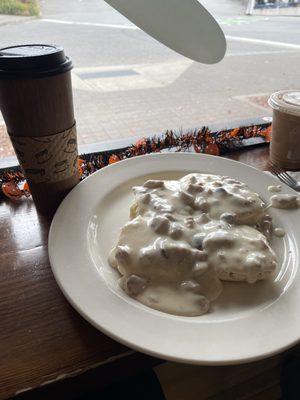 Hott biscuits and sausage gravy with white coffee bean espresso!