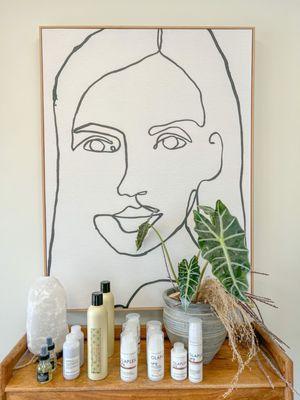 Hair products and wall art adorn the welcoming salon studios.