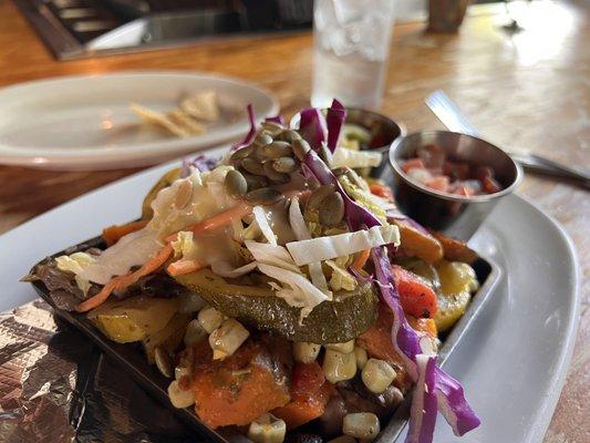 The Verduras Tacos -- roasted sweet potato, mushrooms, corn, squash, cabbage, and pepitas