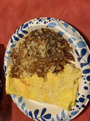 Cheese omelette with hash browns