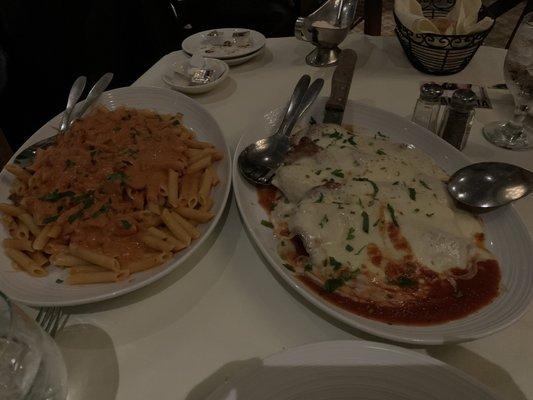 Chicken Parmigiana and penne Ala vodka