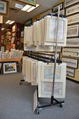 Racks of original Antique Maps from the mid 1800's from local, statewide and the United States