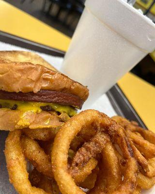 smoked bologna sandwich and onion rings