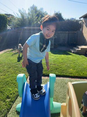 When the weather is nice, Joyce Kids Care lets the kids play in their fenced-off, private backyard, which has a toddler-sized play structure