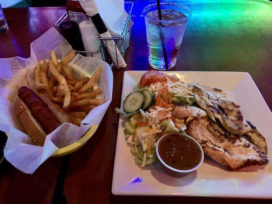 Hot dog and fries, Grilled Chicken Dinner