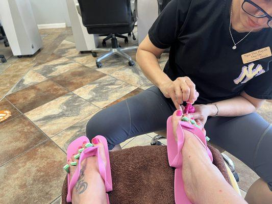 Dee Dee finishing up my pedicure. She was so through and it was so enjoyable.