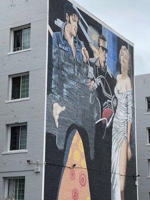 The Elvis, Marilyn & Schwarzenegger Icons 80 Foot Wall Mural Santa Monica Blvd & Wilton Pl.  back of Derby Aoartments Hollywood