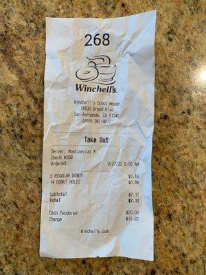 Receipt that I pay for the donut.