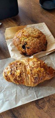 Almond croissant and orange blueberry scone.