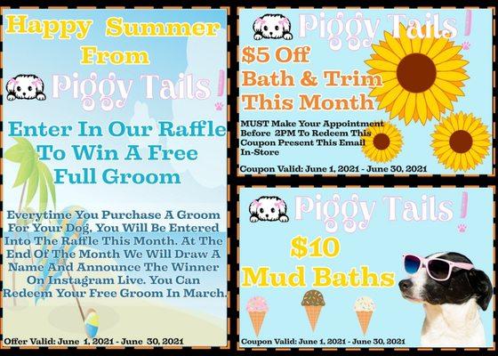 Happy Summer from Piggy Tails. Take advantage of these coupons for this month! Bring your babies so we can pamper them