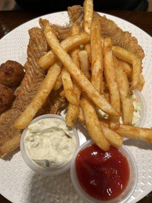 Mrs Herb fried fish with fries and coleslaw