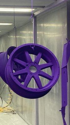 Powder Coating Wheels in Purple powder color at Patriot Powder Coating in South Florida.