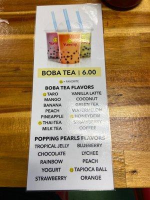 Bobo tea menu