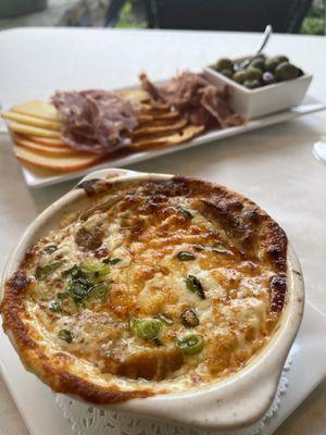 French Onion Soup and their classic Meats and Cheese board.