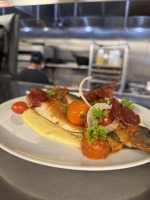 Branzino with Tomato Capenade and Creamy Polenta