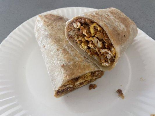 Chorizo & Egg Burrito with Beans & Hash Browns. Really Good.