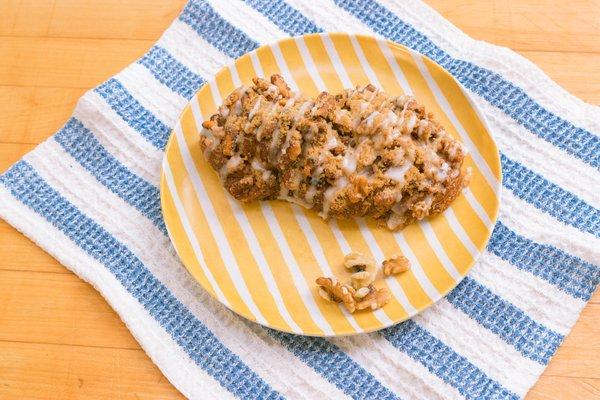 Walnut Danish
 
 Flaky dough topped with candied walnuts, sweet glaze, and cinnamon.