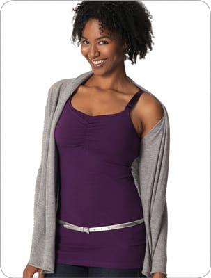 The full bust long nursing tank by glamourmom goes up to an H cup and comes in black, purple, midnight blue and chocolate.