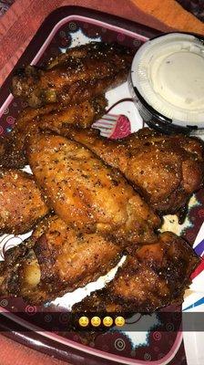 Hot and honey wings with a dash of my own lemon pepper seasoning