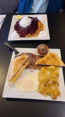 I got the stake and eggs and my wife got the white chocolate chip raspberry pancakes.I can assure you the food tasted as good as it looked