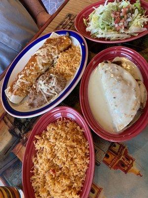 Big steak burrito, steak and mushroom quesadilla, side of rice!!!