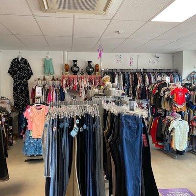 Women's, men's, and children's clothes.