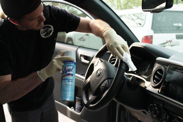 We disinfect vehicle's cars here at Matt's Auto when ready for pickup. (pic was taken early in the pandemic, we of course require masks now)