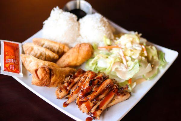 Chicken, Eggroll, Gyoza Combo