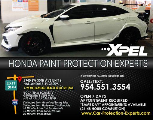 Honda Xpel Clear Bra, Paint Protection Film Installer, Ceramic Pro Detailers, 3M Window Tinting, Xpel Window Tinting in Aventura, Sunny Isle