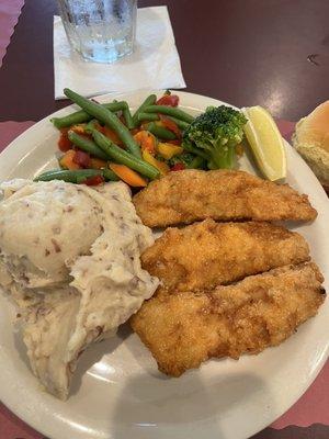 Mashed Potatoes, Vegetables and breaded cod fish!