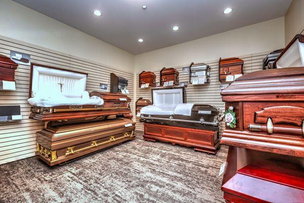 Our large show room gives you the opportunity to view and customize you casket in many different ways