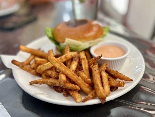 Burger and crunchy fries