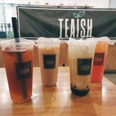 Peach black tea with lychee popping boba, Hazelnut milk tea, Brown sugar milk tea with boba, and  Matt's pog