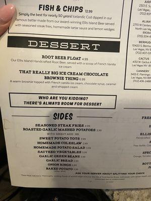 Dessert and sides menu