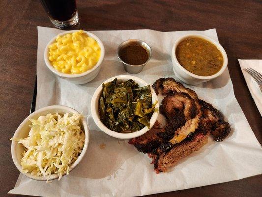 Brisket plate with slaw, Mac and cheese, greens and gumbo.