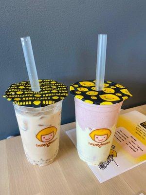 Cold Milk Tea with Taro Ball and Strawberry Shortcake Smoothie