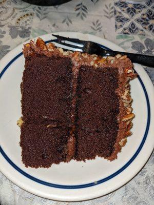 Slice chocolate pecan cake