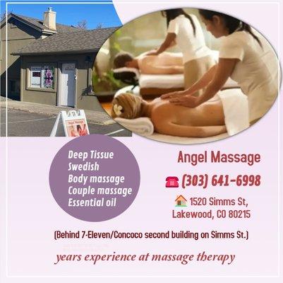 Angel Massage
1520 Simms St, Lakewood, CO 80215
Behind 7-Eleven/Concoco second building on Simms St.
Phone: (303) 641-6998