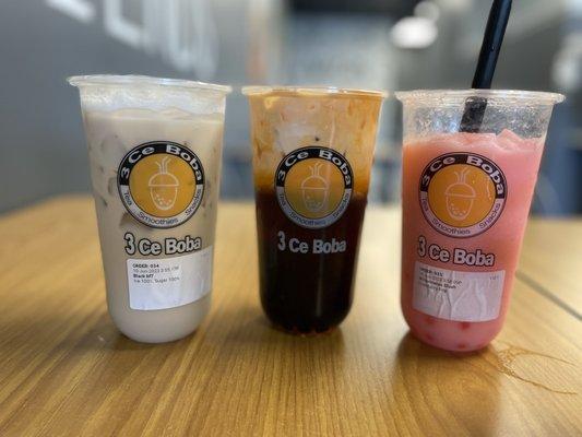 Milk Tea, Thai Milk tea with brown sugar boba and coffee jelly, watermelon slush with strawberry popping boba