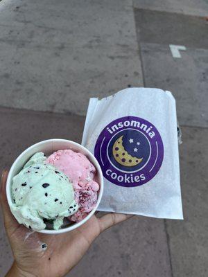 Mint chocolate chip and strawberry ice cream and birthday cake cookie