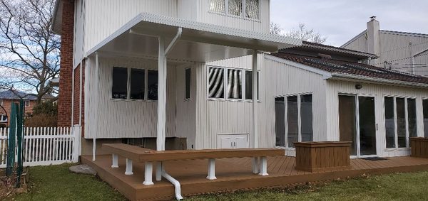 Trex Deck with Benches & Flower Boxes & a Wrisco Aluminum Awning over one side of Deck